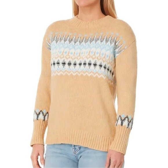 L.L. Bean Size XL Beige with Blue Fair Isle Chunky Knit Crewneck Cotton Sweater - Picture 1 of 14